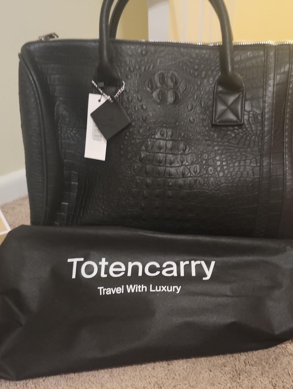 Tote N Carry  Black Croc-Embossed Leather Travel Holdall